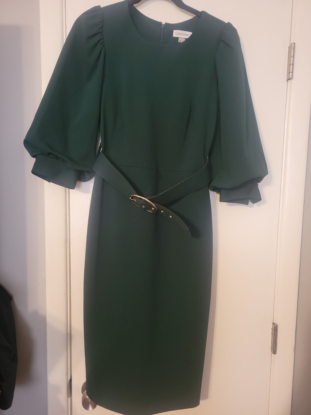 Calvin Klein Green Midi Dress with Puff Sleeves Sz 6